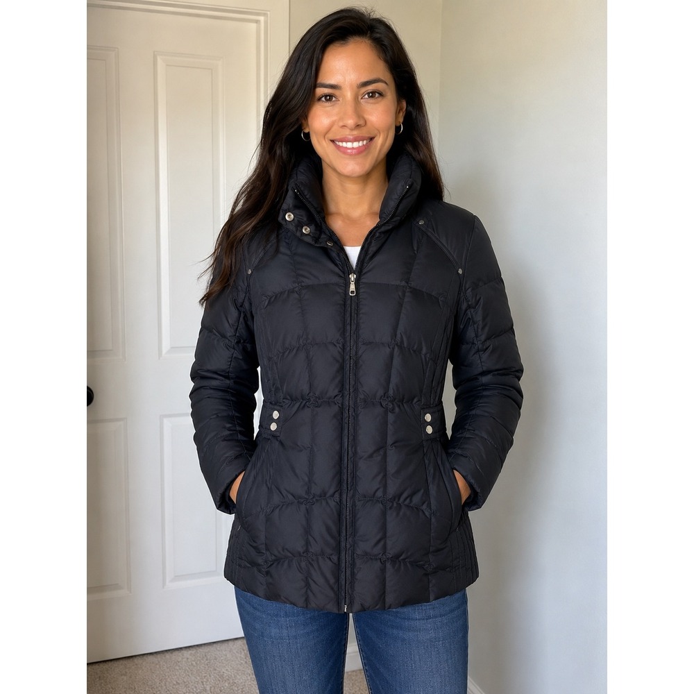 Larry Levine Black Down Puffer Jacket Funnel Neck Quilted Coat Womens Small